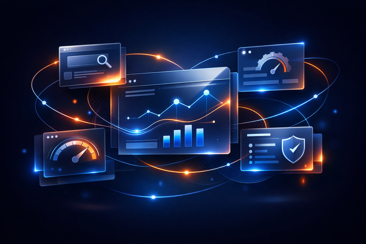 Abstract illustration of connected website operations, visibility, analytics, and technical support.